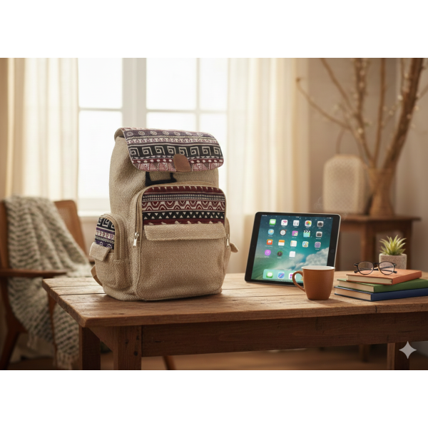 Handmade Hemp & Cotton Sustainable Backpack - Unisex Beige & Multi-Color Daypack - 7 Compartments - Made in Nepal - Image 2