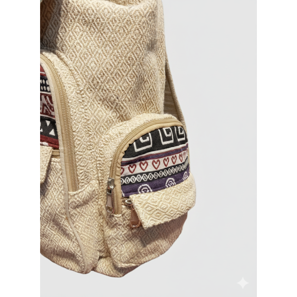 Handmade Hemp & Cotton Sustainable Backpack - Unisex Beige & Multi-Color Daypack - 7 Compartments - Made in Nepal - Image 3