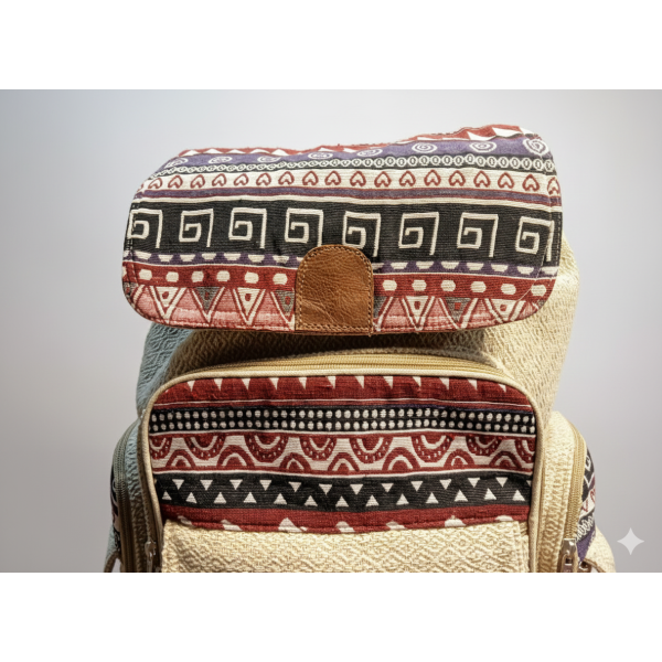 Handmade Hemp & Cotton Sustainable Backpack - Unisex Beige & Multi-Color Daypack - 7 Compartments - Made in Nepal - Image 4