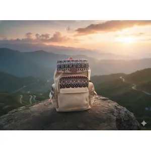 Handmade Hemp & Cotton Sustainable Backpack - Unisex Beige & Multi-Color Daypack - 7 Compartments - Made in Nepal