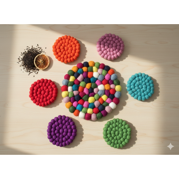 Handmade Multi-Color Felt Wool Tea Coaster Set (6 Pcs) & Pot Mat (1 Pc) - Heat Resistant Round Trivet & Table Protector - Image 4