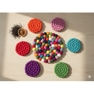 Handmade Multi-Color Felt Wool Tea Coaster Set (6 Pcs) & Pot Mat (1 Pc) - Heat Resistant Round Trivet & Table Protector