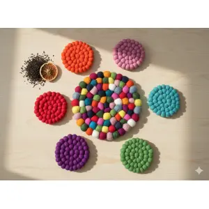 Handmade Multi-Color Felt Wool Tea Coaster Set (6 Pcs) & Pot Mat (1 Pc) - Heat Resistant Round Trivet & Table Protector