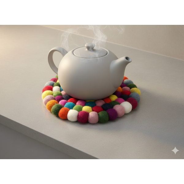 Handmade Multi-Color Felt Wool Tea Coaster Set (6 Pcs) & Pot Mat (1 Pc) - Heat Resistant Round Trivet & Table Protector - Image 5