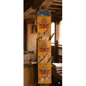 Handmade Nepalese Brocade Letter Holder - 3 Pocket Wall Hanging Organizer - Gold & Red Windhorse Design (92cm x 17cm)