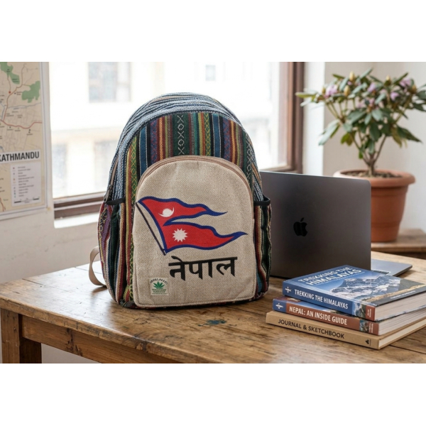 Handmade Nepali Hemp & Cotton Mix Backpack - Sustainable Unisex Eco-Friendly Bag for School, College & Travel - Medium Size - Image 5