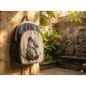 Handmade Sustainable Hemp & Cotton Large Backpack - Shiva Parbati Print - Unisex Bag Crafted in Nepal