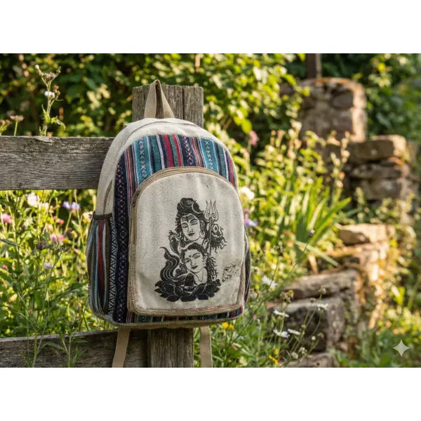 Handmade Sustainable Hemp & Cotton Large Backpack - Shiva Parbati Print - Unisex Bag Crafted in Nepal - Image 5