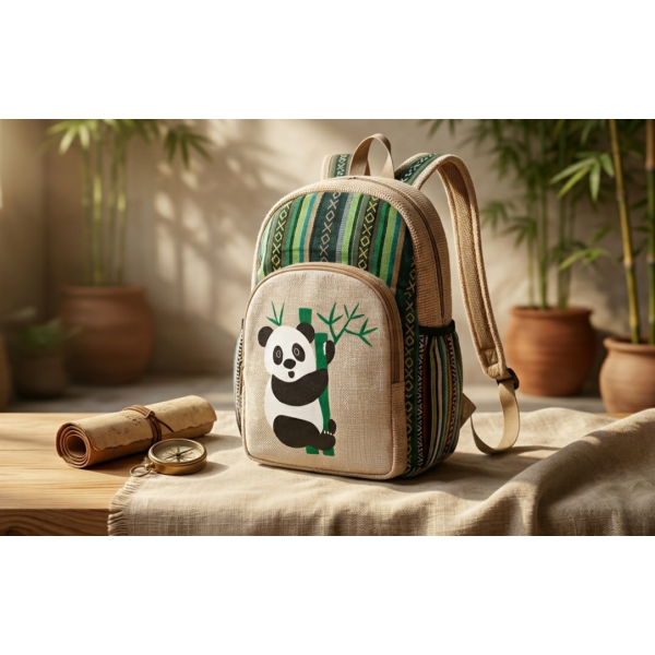 Handmade Sustainable Hemp & Cotton Mix Large Backpack - Eco-Friendly Panda Print Unisex Bag - Made in Nepal - Image 3
