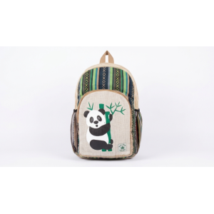 Handmade Sustainable Hemp & Cotton Mix Large Backpack - Eco-Friendly Panda Print Unisex Bag - Made in Nepal
