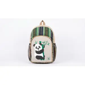 Handmade Sustainable Hemp & Cotton Mix Large Backpack - Eco-Friendly Panda Print Unisex Bag - Made in Nepal