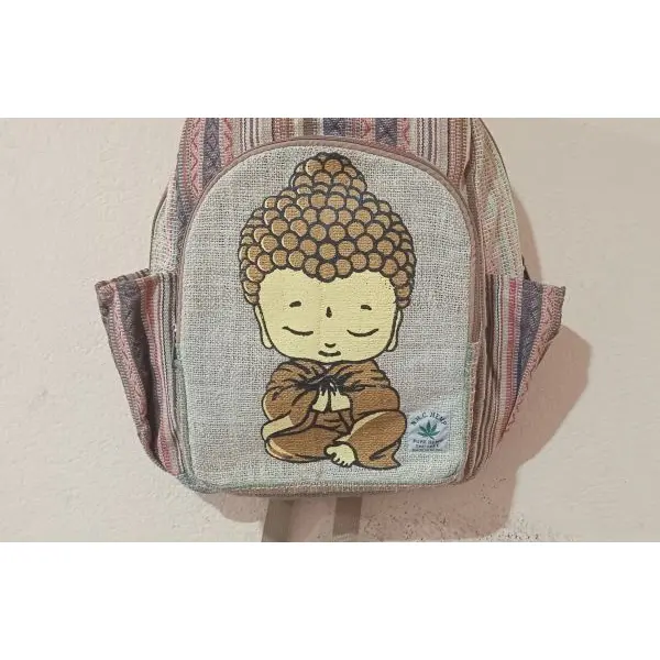 Handmade Sustainable Hemp & Cotton Mix Large Backpack - Little Buddha Print - Unisex Eco-Friendly Bag Crafted in Nepal (41x29x10 cm) - Image 3