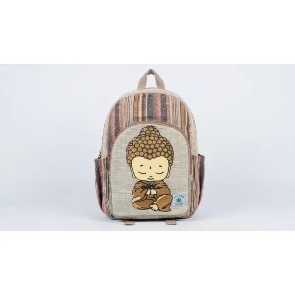 Handmade Sustainable Hemp & Cotton Mix Large Backpack - Little Buddha Print - Unisex Eco-Friendly Bag Crafted in Nepal (41x29x10 cm) - Image 4