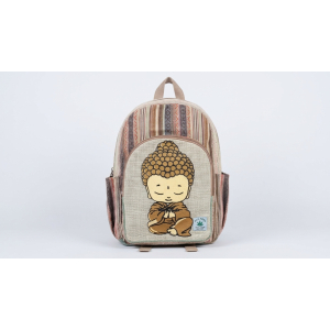 Handmade Sustainable Hemp & Cotton Mix Large Backpack - Little Buddha Print - Unisex Eco-Friendly Bag Crafted in Nepal (41x29x10 cm)