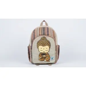 Handmade Sustainable Hemp & Cotton Mix Large Backpack - Little Buddha Print - Unisex Eco-Friendly Bag Crafted in Nepal (41x29x10 cm)