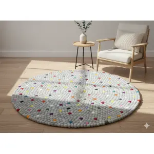 Handmade Weave: Grey Round Rug - 100 cm Diameter, 2.2 cm Ball Detailing, Brand New