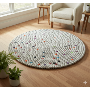 Handmade Weave: Grey Round Rug - 100 cm Diameter, 2.2 cm Ball Detailing, Brand New