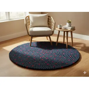Handmade Wool Felt Ball Carpet in Navy Blue - 100 cm Diameter