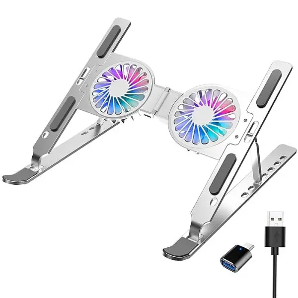Heavy Duty Premium Aluminum Laptop Stand Cooler with 2 Fans | Ergonomic, Height Adjustable, & RGB Lighting - Image 4