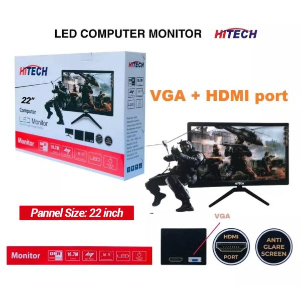 Hitech Full HD 22" Led Monitor With VGA & HDMI Supported 6 Months Warranty - Image 4