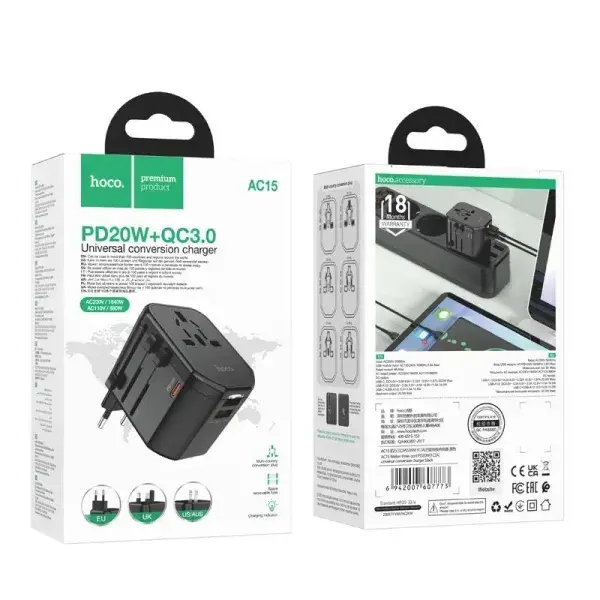 Hoco AC15 Universal International Travel Adaptor with UK/USA/EU/AUS PD20W Type C - Image 2