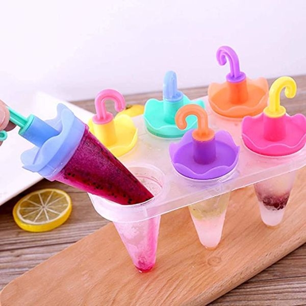 Ice Candy Umbrella Style Stick Popsicle Mold & Kulfi Frozen Ice Cream Pop Yogurt Jelly Lolly Maker Tray Mould-6 Pops-Food Grade Plastic - Image 4
