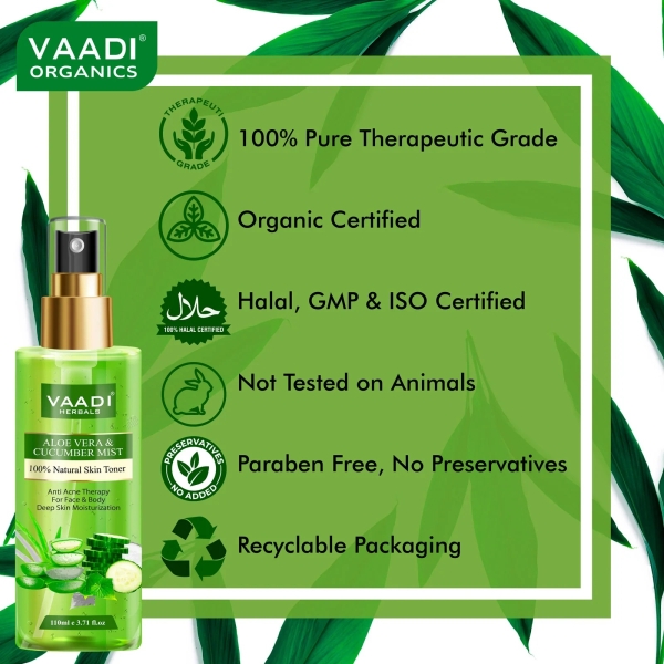 VAADI Aloe Vera & Cucumber Mist 100% Natural Skin Toner (250 ml) (Pack of 2) - Image 3
