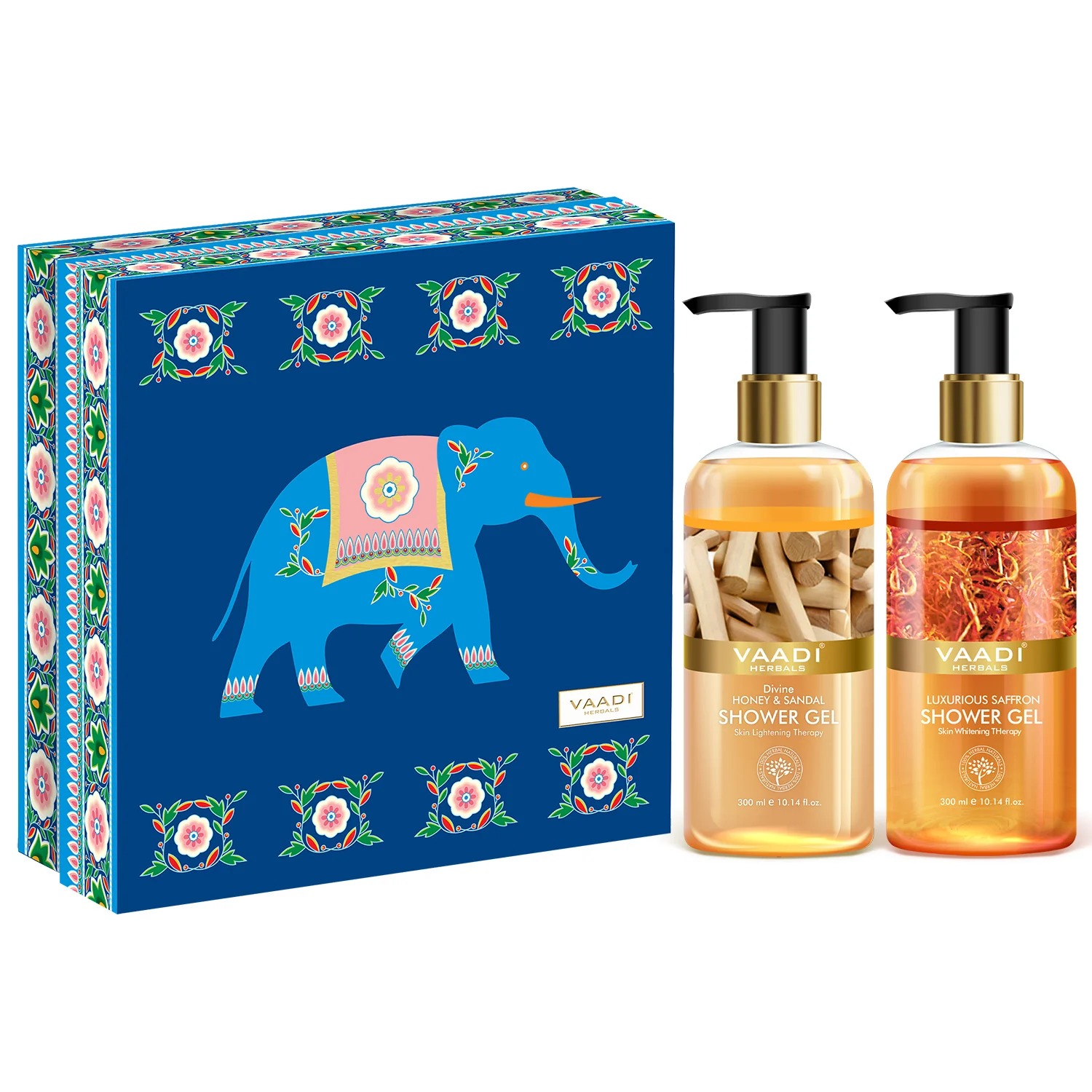 VAADI Royal India Shower Gels Gift Box - Luxurious Saffron 300 ml & Divine Honey & Sandal 300 ml ( 300 ml each )