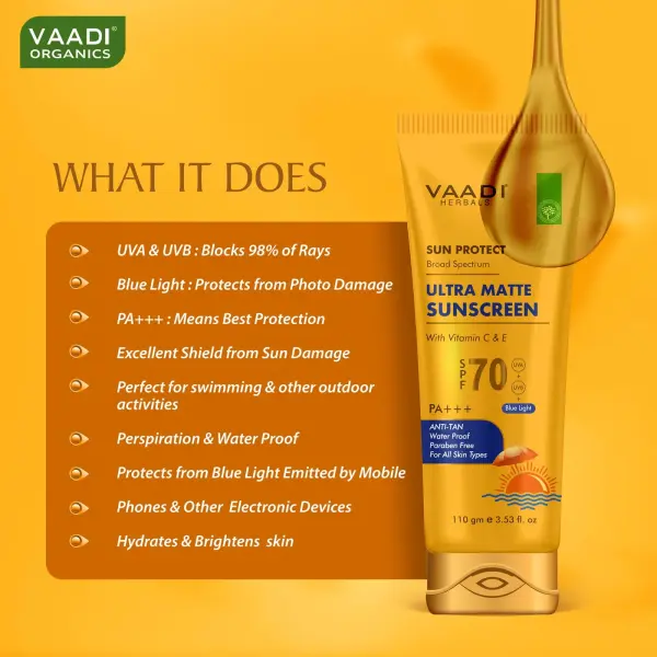 VAADI Ultra Matte Sunscreen SPF 70 with Vitamin C & E (110g) - Image 3