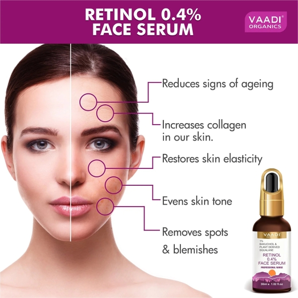 VAADI Retinol 0.4% Face Serum With 1% Baluchiol & Plant Derived Squalane (30 ml) - Image 2