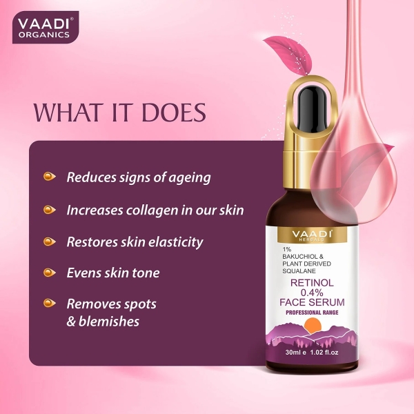 VAADI Retinol 0.4% Face Serum With 1% Baluchiol & Plant Derived Squalane (30 ml) - Image 3