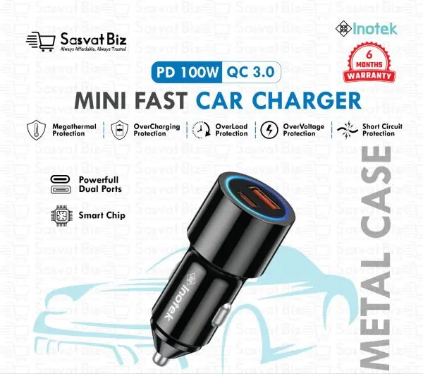 Inotek 100W PD + QC3.0 Metal Car Charger | Dual Port Type-C & USB Fast Charging | Sasvat Biz