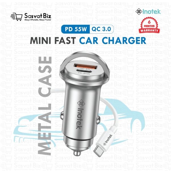 Inotek 55W PD + QC3.0 Mini Metal Car Charger | Dual Port Fast Charging | Sasvat Biz - Image 2