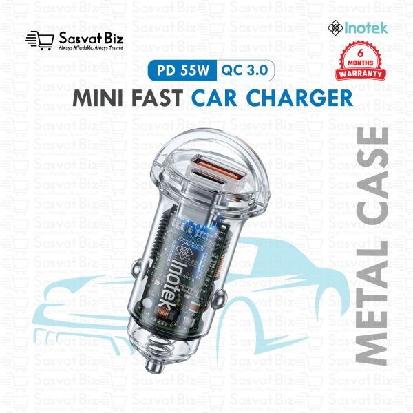 Inotek 55W PD + QC3.0 Mini Metal Car Charger | Dual Port Fast Charging | Sasvat Biz - Image 3