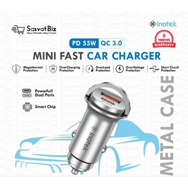Inotek 55W PD + QC3.0 Mini Metal Car Charger | Dual Port Fast Charging | Sasvat Biz - Image 4