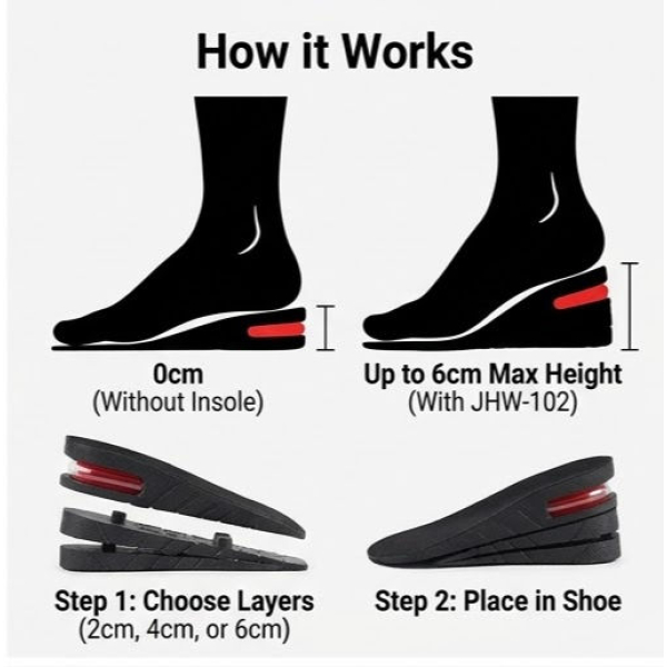 Insoles For Men and Women 3 Layer All-Season PVC Adjustable Height Increasing Comfort Style Black Model JHW-102 - Image 3