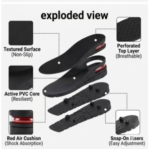 Insoles For Men and Women 3 Layer All-Season PVC Adjustable Height Increasing Comfort Style Black Model JHW-102