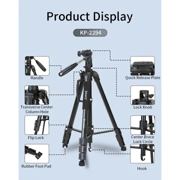 Jmary KP-2294 Aluminum Professional Over Head Rotatable Center Column Video Tripod With Monopod Kit - Image 3
