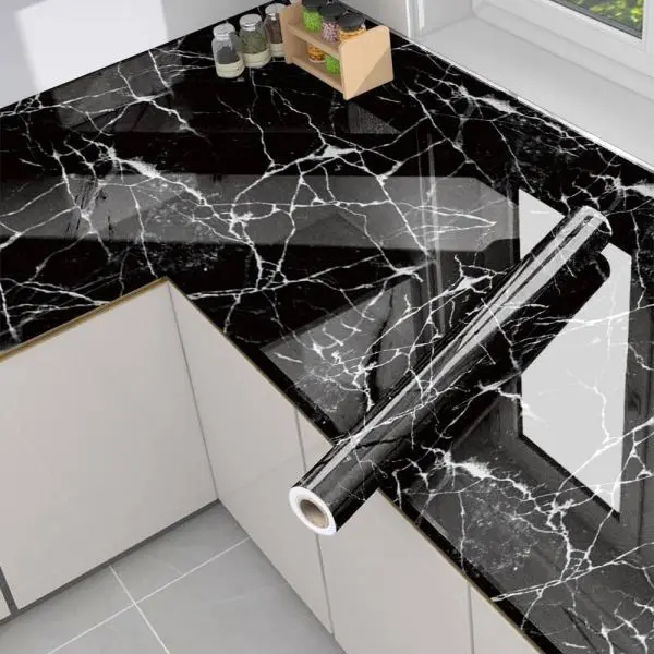 Kitchen Marble Sticker Oil Proof Waterproof Paper Backsplash Sticker Roll Stove Cabinet Liner Décor Self Adhesive Wallpapers ( black ) - Image 2