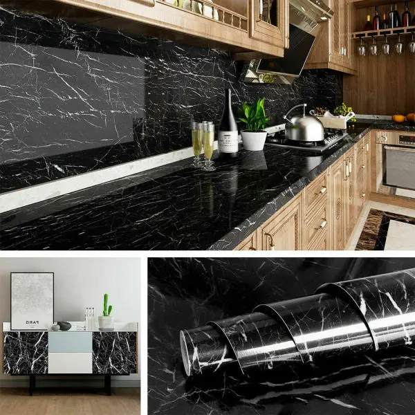 Kitchen Marble Sticker Oil Proof Waterproof Paper Backsplash Sticker Roll Stove Cabinet Liner Décor Self Adhesive Wallpapers ( black ) - Image 3