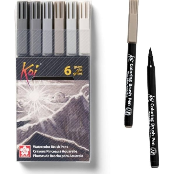 KOI Coloring Brush Pens – 6 Gray Tone Set | Professional Shading & Sketch Brush Markers - Image 2