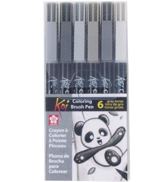 KOI Coloring Brush Pens – 6 Gray Tone Set | Professional Shading & Sketch Brush Markers