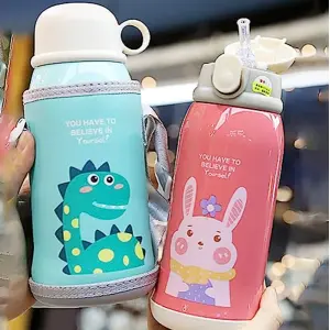 KOJA 600 ML Hot & Cold Thermos Bottle, Children's Straw Bottle, Stainless Steel Bottle, Leak Free
