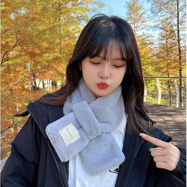 KOJA Rabbit Fur Plush Shawl Neckerchief Wrap Neck Warmer Solid Color Cross Scarf - Image 2