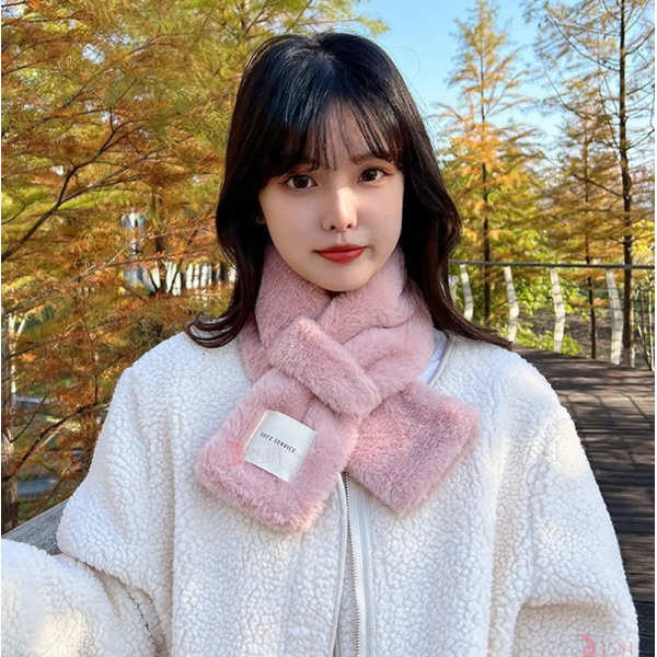 KOJA Rabbit Fur Plush Shawl Neckerchief Wrap Neck Warmer Solid Color Cross Scarf - Image 3