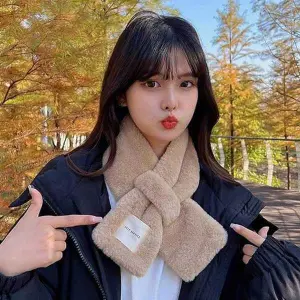 KOJA Rabbit Fur Plush Shawl Neckerchief Wrap Neck Warmer Solid Color Cross Scarf