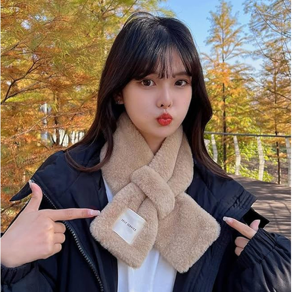 KOJA Rabbit Fur Plush Shawl Neckerchief Wrap Neck Warmer Solid Color Cross Scarf - Image 5