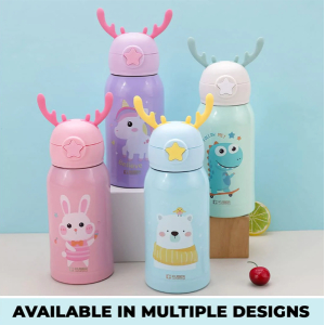 KOJA Water Bottle for Kids, Bunny Design Stainless Steel Flask with Straw, Cup & Fabric Cover