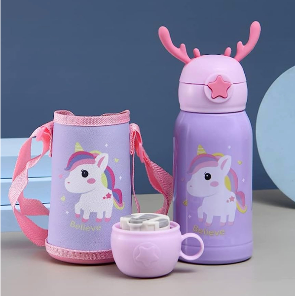 KOJA Water Bottle for Kids, Bunny Design Stainless Steel Flask with Straw, Cup & Fabric Cover - Image 5