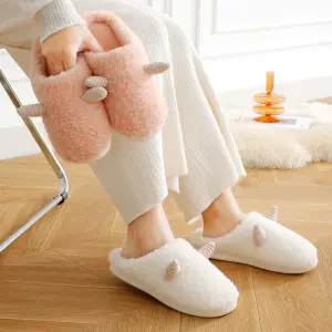 KOJA Women Indoor Warm Slippers Cute Little Goat Horn Decorated Cotton Linen Shoes Winter Furry Couple Slipper 44-45